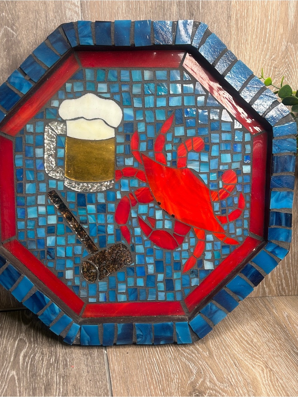 Octagon Crab Mosaic Wall Art • Coastal Nautical Beach House Decor • Handmade